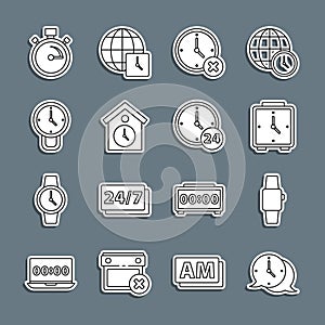 Set line Clock speech bubble, Smartwatch, Alarm clock, delete, Retro wall, Stopwatch and 24 hours icon. Vector