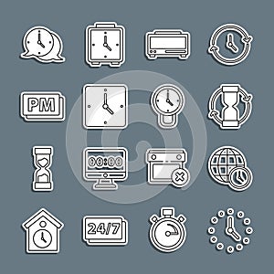 Set line Clock, World time, Old hourglass, Digital alarm clock, PM, speech bubble and icon. Vector