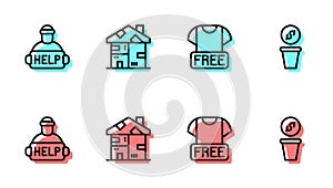 Set line Clothes donation, Help homeless, Homeless cardboard house and Donation money icon. Vector