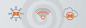 Set line Cloud 5G network, and Wi-Fi wireless icon. Vector