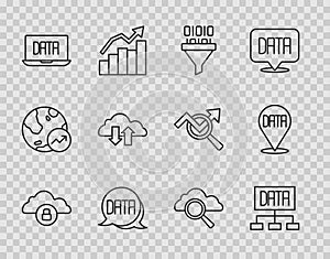 Set line Cloud computing lock, Data analysis, Binary code, download and upload, Search cloud and icon. Vector