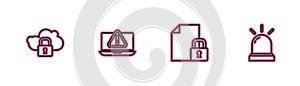 Set line Cloud computing lock, Document and, Laptop with exclamation mark and Motion sensor icon. Vector