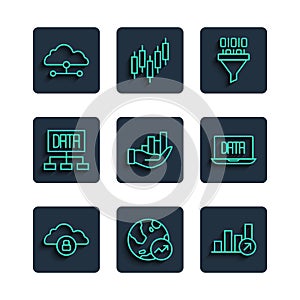 Set line Cloud computing lock, Financial growth, Binary code, Pie chart infographic, Data analysis, Network cloud