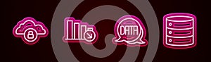 Set line Cloud computing lock, Financial growth decrease, Data analysis and Server. Glowing neon icon. Vector