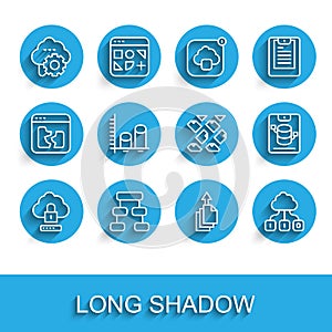 Set line Cloud computing lock, Hierarchy organogram chart, technology data transfer, Data export, analysis, Server, Data