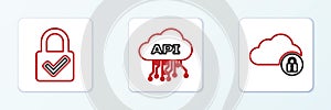 Set line Cloud computing lock, Lock and check mark and api interface icon. Vector