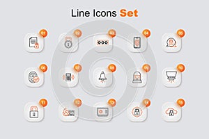 Set line Cloud computing lock, Lock, Safe, Firewall, security wall, sprinkler system, Ringing alarm bell and icon