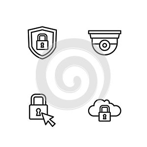 Set line Cloud computing lock, Lock, Shield security with and Security camera icon. Vector