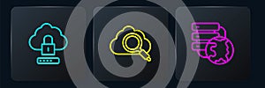 Set line Cloud computing lock, Network cloud connection and Search. Black square button. Vector