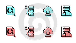 Set line Cloud computing lock, Search concept with folder, Server and Server, Data, Web Hosting icon. Vector