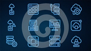 Set line Cloud computing lock, technology data transfer, Server, Server, Data, Web Hosting, Monitor with graph chart and