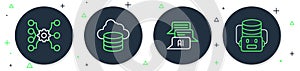 Set line Cloud database, Chat bot, Neural network and Artificial intelligence robot icon. Vector