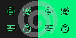 Set line Cloud database, Credit card, Processor CPU and Cyber security icon. Vector