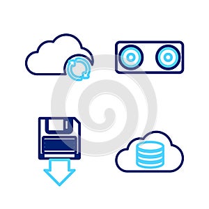 Set line Cloud database, Floppy disk backup, Stereo speaker and sync refresh icon. Vector