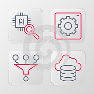 Set line Cloud database, Funnel or filter, Computer api interface and Processor CPU icon. Vector