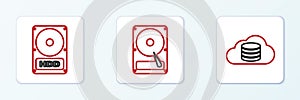 Set line Cloud database, Hard disk drive HDD and icon. Vector