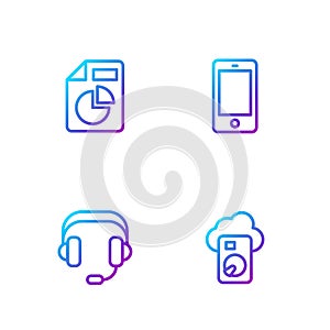 Set line Cloud database, Headphones, Document with graph chart and Mobile. Gradient color icons. Vector