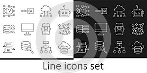 Set line Cloud database, Neural network, Network cloud connection, Computer monitor, Binary code, Chat bot and icon