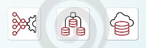 Set line Cloud database, Neural network and Server, Data icon. Vector