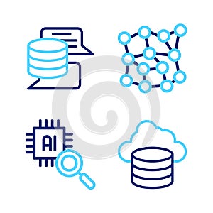 Set line Cloud database, Processor CPU, Neural network and Server, Data icon. Vector