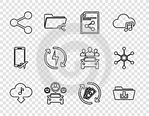 Set line Cloud download music, Folder, Share file, Car sharing, Recharging, Refund money and Network icon. Vector