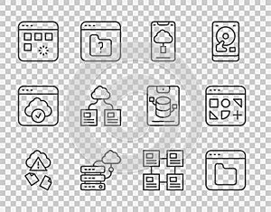 Set line Cloud hacking, Browser files, technology data transfer, Network cloud connection, Loading window, Hierarchy