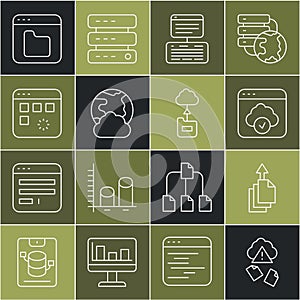 Set line Cloud hacking, Data export, technology data transfer, Server, Data, Web Hosting, Social network, Loading window
