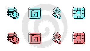 Set line Cloud hacking, Network cloud connection, File missing and Processor with CPU icon. Vector