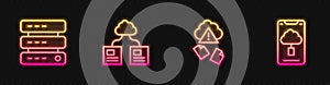 Set line Cloud hacking, Server, Data, Web Hosting, technology data transfer and . Glowing neon icon. Vector