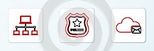 Set line Cloud mail server, Computer network and Police badge icon. Vector