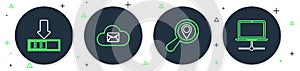 Set line Cloud mail server, Search location, Loading and Computer network icon. Vector