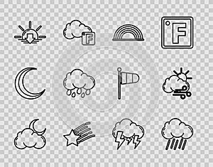 Set line Cloud with moon and stars, rain, Rainbow clouds, Falling, Sunset, Storm and Windy weather icon. Vector