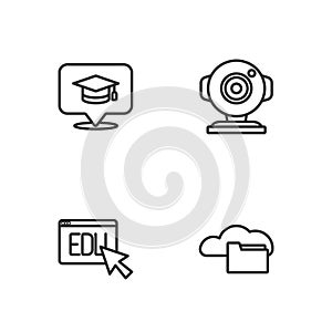 Set line Cloud or online library, Online education, Graduation cap speech bubble and Web camera icon. Vector