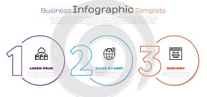 Set line Cloud or online library, Location the globe and Browser window. Business infographic template. Vector