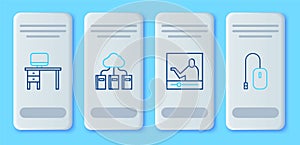 Set line Cloud or online library, Online education, Computer monitor and desk and mouse icon. Vector