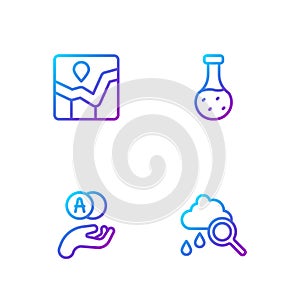 Set line Cloud with rain, Atom, Graph chart infographic and Test tube. Gradient color icons. Vector