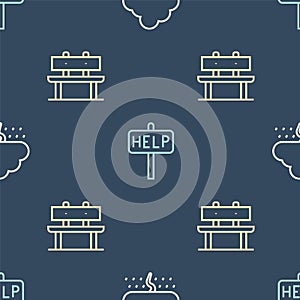 Set line Cloud with rain, Bench and Ask for help text on seamless pattern. Vector