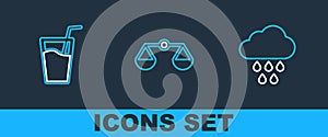 Set line Cloud with rain, Glass water and Scales of justice icon. Vector