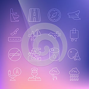 Set line Cloud with rain, Modern pilot helmet, Suitcase, Compass, Warning aircraft, Plane takeoff, Airplane seat and UAV