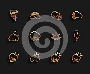 Set line Cloud with rain and moon, Sun cloud weather, Tornado, sun, Lightning bolt and Sunrise icon. Vector