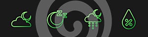 Set line Cloud with rain and moon, , Time to sleep and Water drop percentage. Gradient color icons. Vector