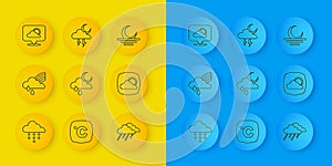 Set line Cloud with rain, Rainbow cloud and, moon, Weather forecast, Location, Sunset and Storm icon. Vector