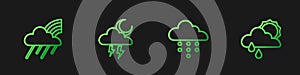 Set line Cloud with rain, Rainbow cloud and, Storm and sun. Gradient color icons. Vector