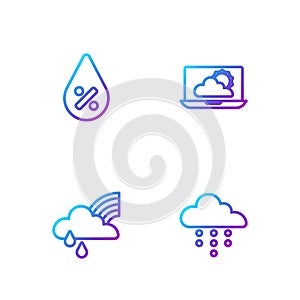 Set line Cloud with rain, Rainbow cloud and, Water drop percentage and Weather forecast. Gradient color icons. Vector