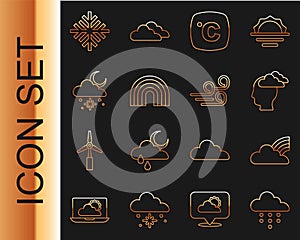 Set line Cloud with rain, Rainbow clouds, Man having headache, Celsius, snow and sun, Snowflake and Windy weather icon