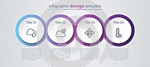 Set line Cloud with rain, Rainbow clouds, Snowflake and Meteorology thermometer. Business infographic template. Vector