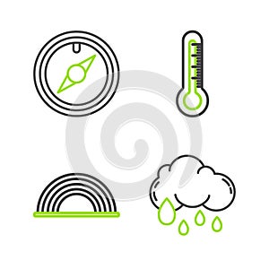 Set line Cloud with rain, Rainbow clouds, Thermometer and Wind rose icon. Vector
