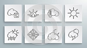 Set line Cloud with rain and sun, Sunrise, Snowflake, moon stars, Storm, Thermometer cloud, and Celsius icon. Vector