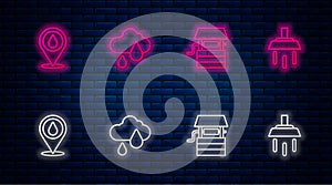 Set line Cloud with rain, Well bucket, Water drop location and Shower. Glowing neon icon on brick wall. Vector