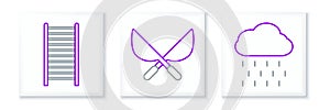 Set line Cloud with rain, Wooden staircase and Gardening handmade scissors icon. Vector